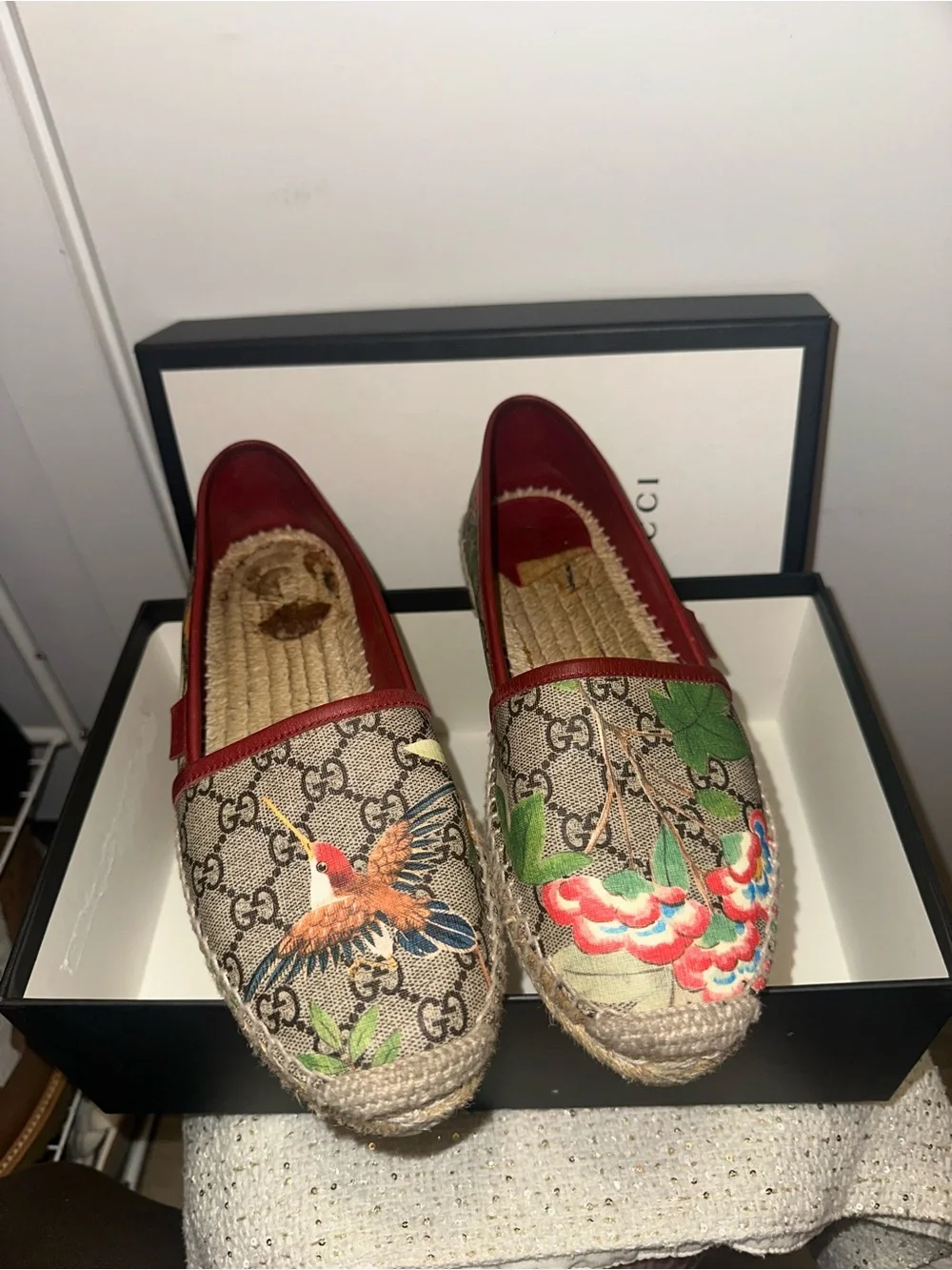 Gucci Brown GG Canvas Espadrilles with Red Trim & Multicolor Bird Embroidery
